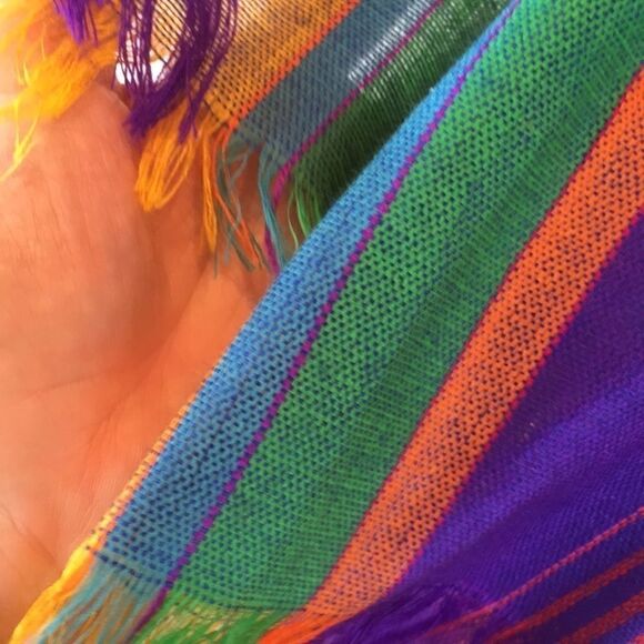 Vintage Southwest hand made Shawl Scarf rainbow colors stripes pattern Mint - Picture 5 of 8